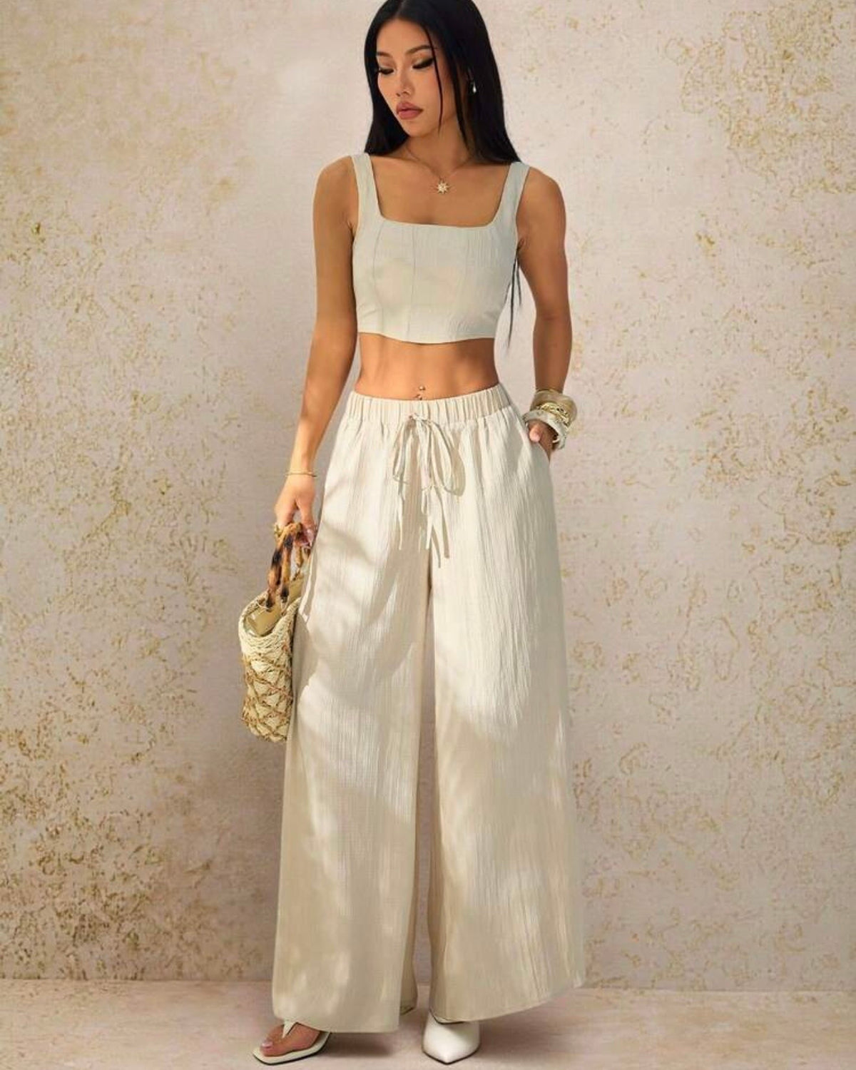 Conjunto de palazo y top albaricoque