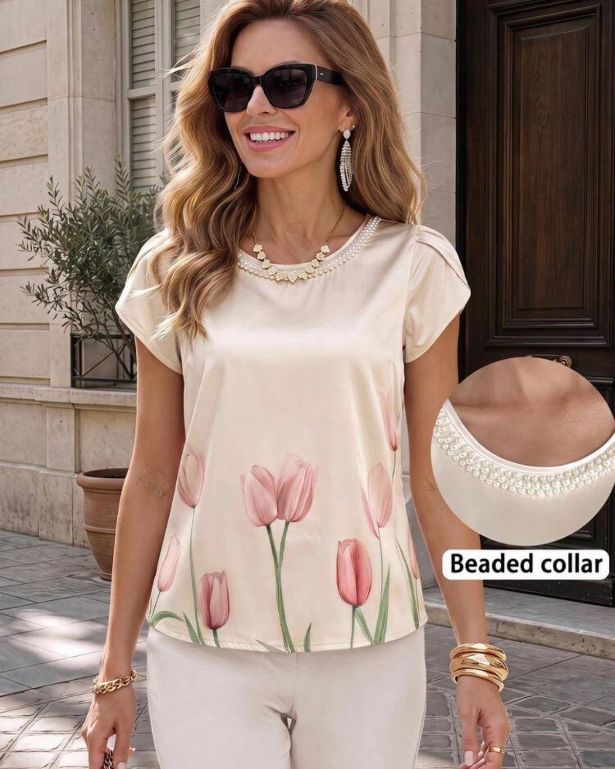 Blusa champán con rosas