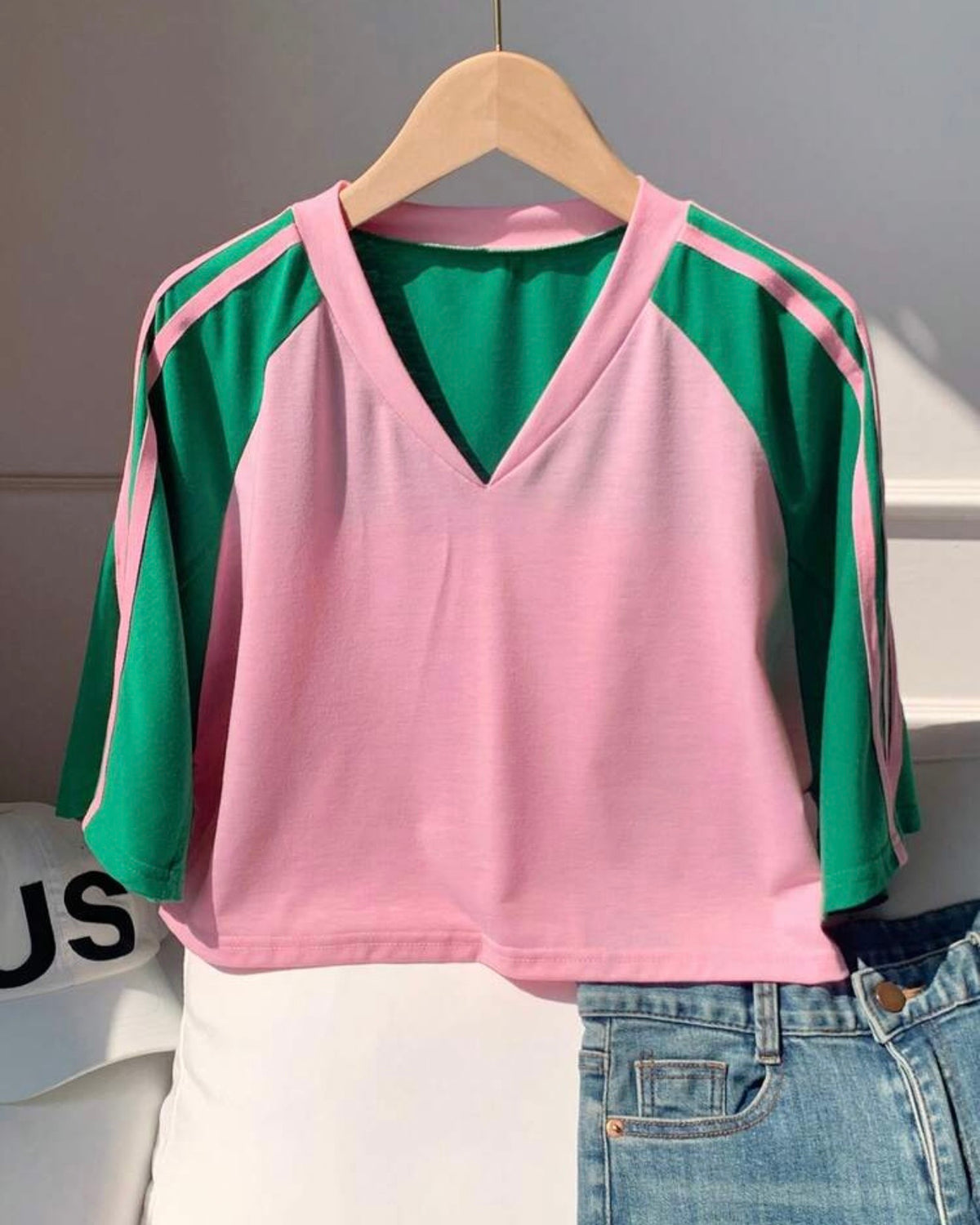 Camisa corta rosado+verde