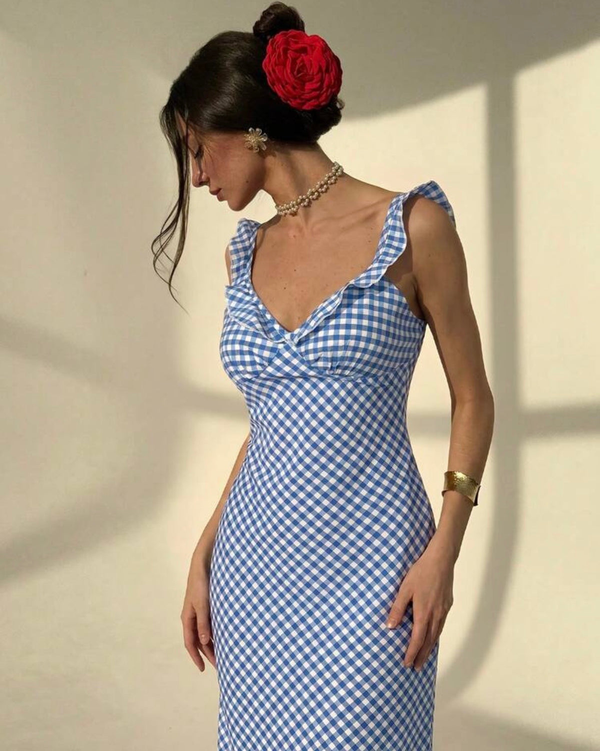 Vestido azul estampado cuadrado