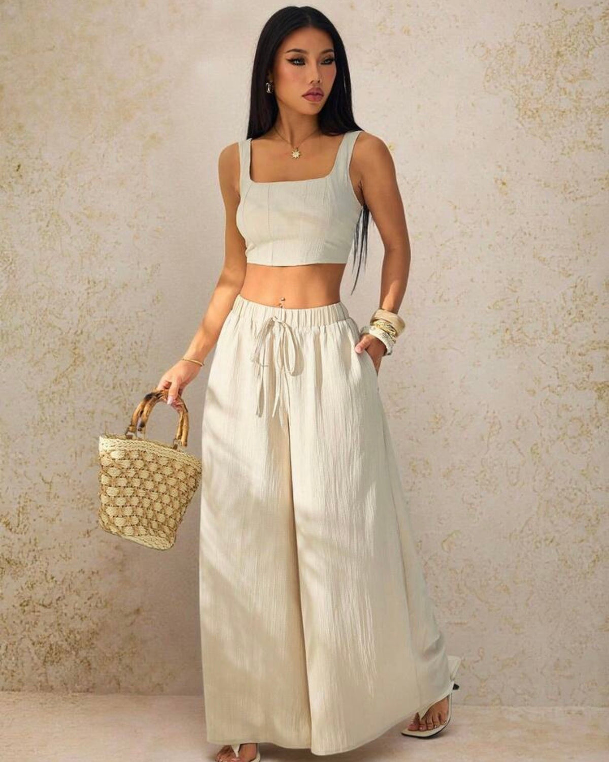 Conjunto de palazo y top albaricoque