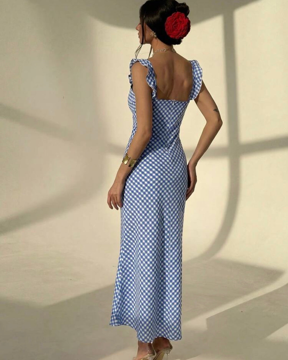 Vestido azul estampado cuadrado