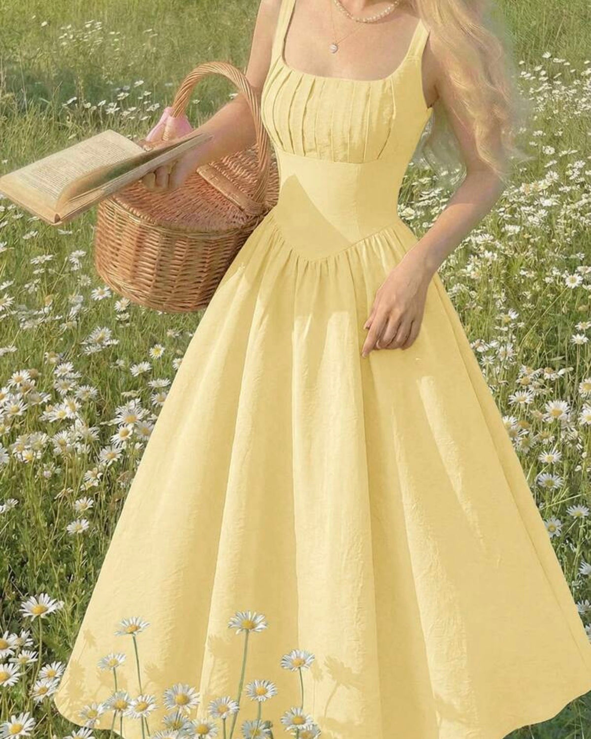 Vestido amarillo cuello cuadrado