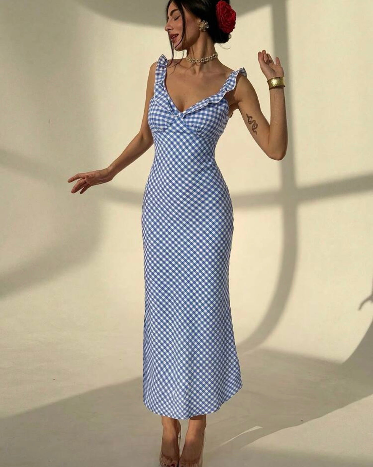 Vestido azul estampado cuadrado