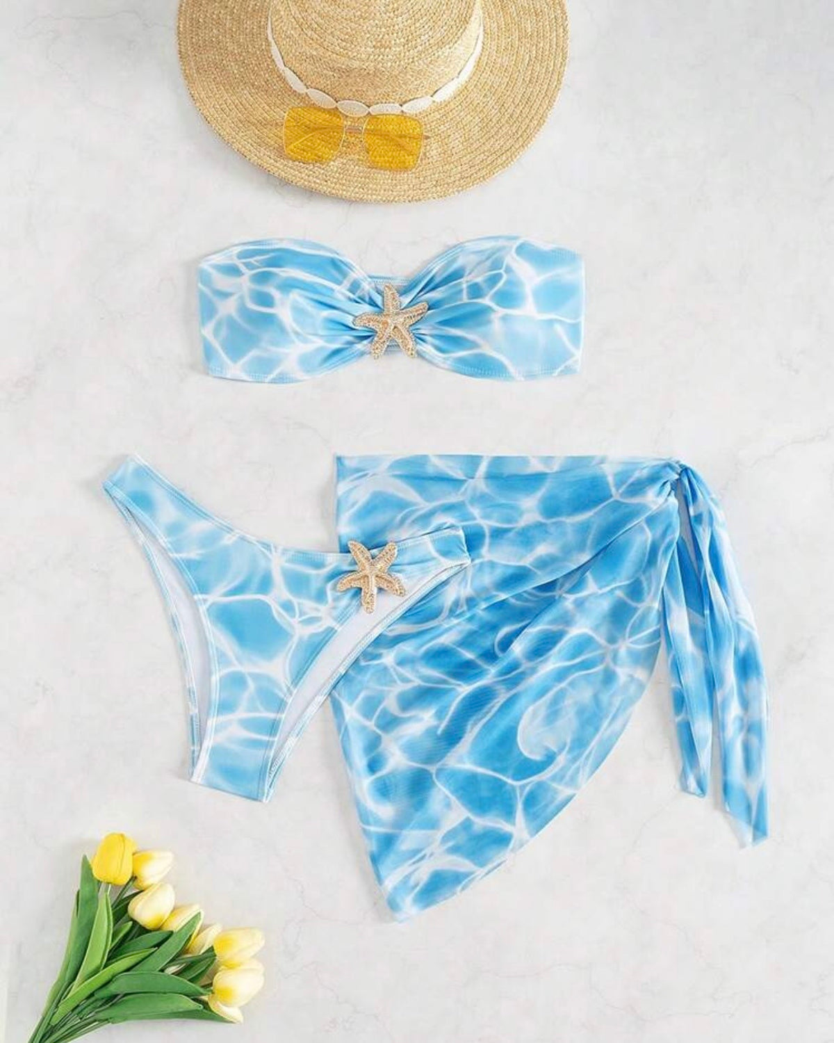 Traje de baño celeste 3 piezas