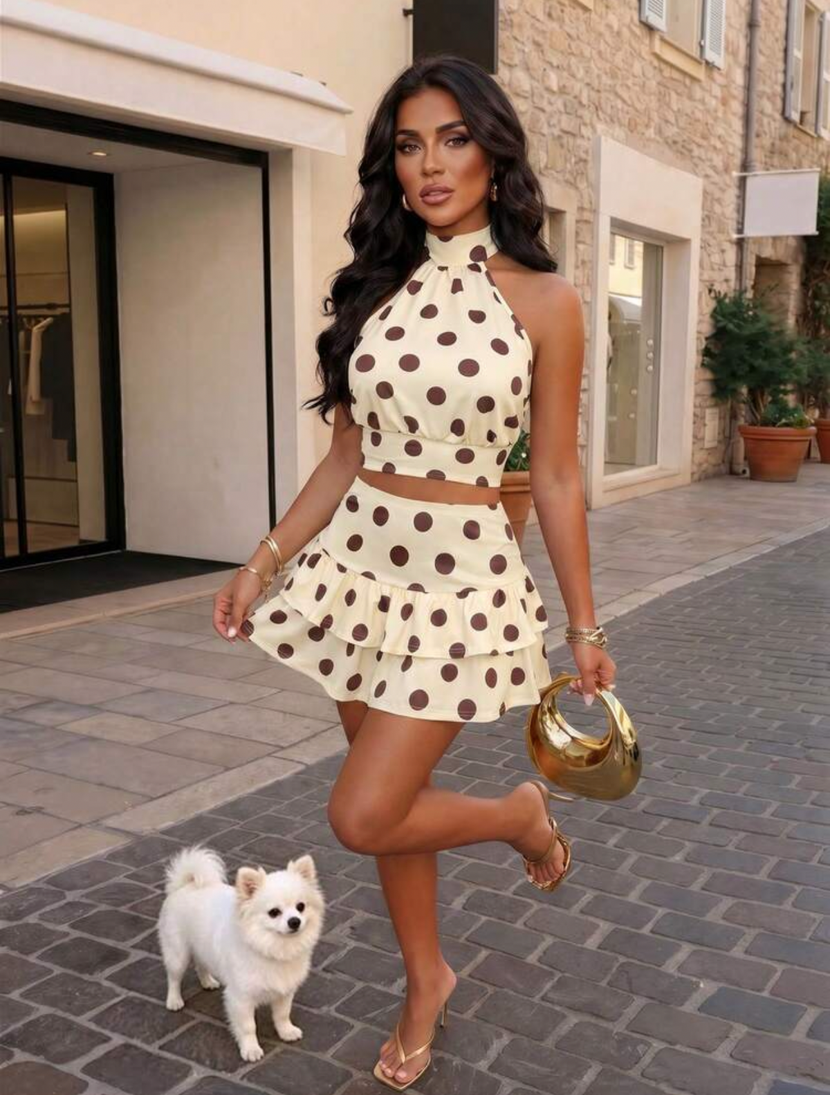 Conjunto beige con puntos